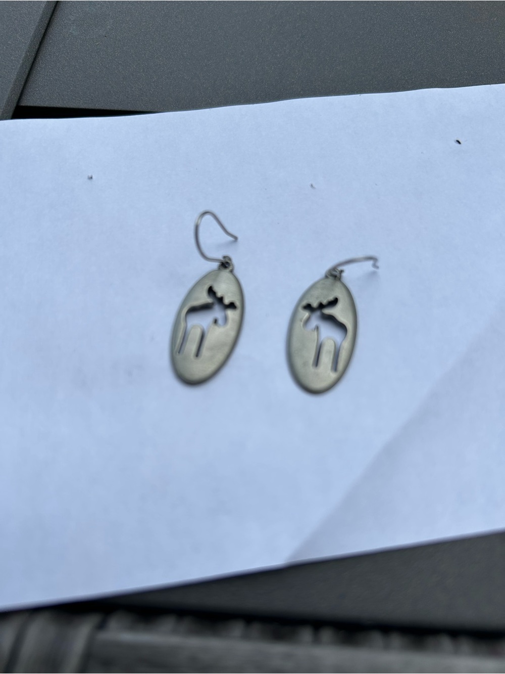 Vintage,Signed Cutout Moose Oval Dangle Earrings in Brushed Silver Tone